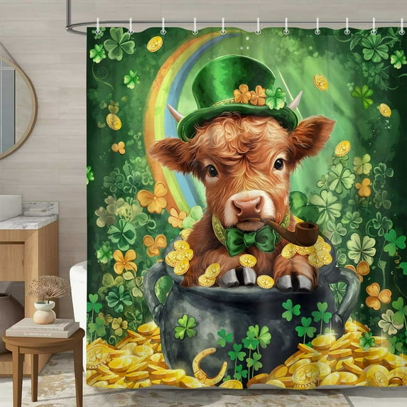 St. Patrick's Highland Cow Shower Curtain, Good Luck Green Shamrock Falling Irish Party Decorations Shower Curtains for Bathroom, Green St. Patrick's Bathroom Decor, with Hooks, 70X70in