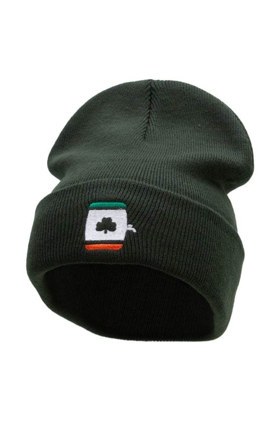St Patrick's Keg Embroidered 12 Inch Long Knitted Beanie - Olive OSFM