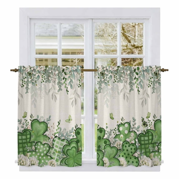 St. Patrick's Kitchen Curtain for Berdoom Living Room Cafe 54 Inch Length, Luck Shamrocks Eucalyptus Leaves Flowers Vintage Tiers Curtains Light Filtering Drapes Window Treatment 2 Panels 52"Wx54"L