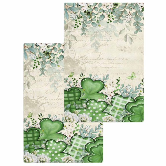 St. Patrick's Kitchen Dish Towels for Drying Dishes Set of 2, Luck Shamrock Eucalyptus Leaves Flowers Vintage Waffle Weave Microfiber Hand Tea Bathroom Towels Quick Dry & Absorbent Towel 15.7x23.6