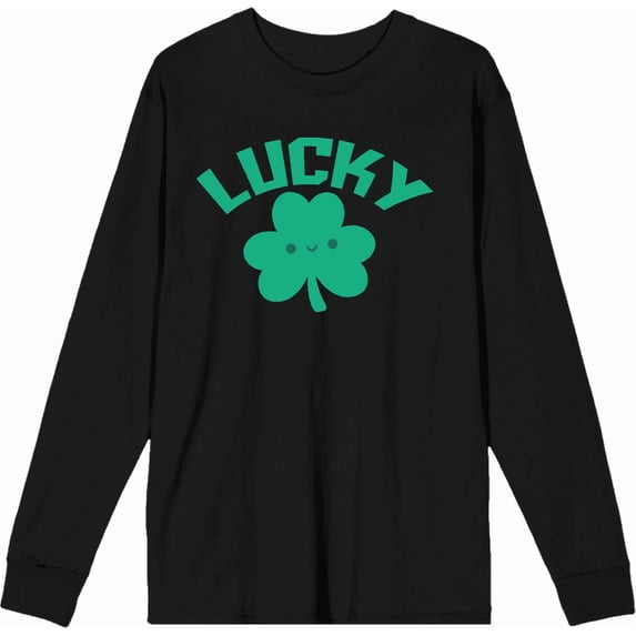 St. Patrick's Lucky Clover Black Adult Crew Neck Long Sleeve Tee-Small
