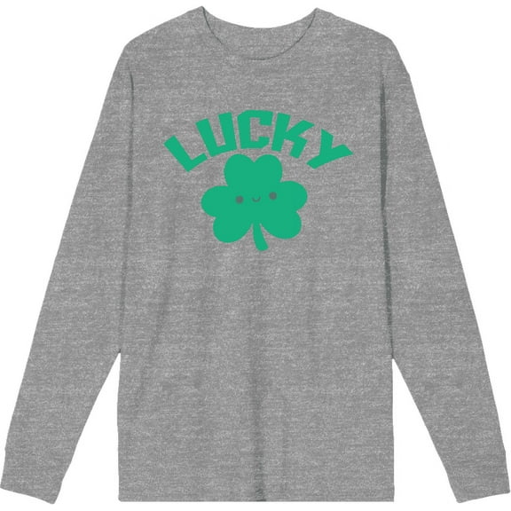 St. Patrick's Lucky Clover Heather Gray Adult Crew Neck Long Sleeve Tee-Large