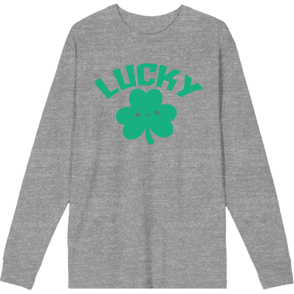 St. Patrick's Lucky Clover Heather Gray Adult Crew Neck Long Sleeve Tee-Medium
