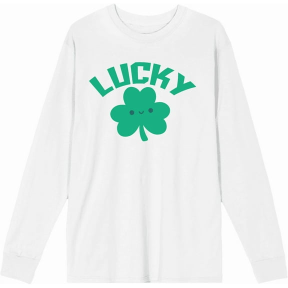 St. Patrick's Lucky Clover White Adult Crew Neck Long Sleeve Tee-Small