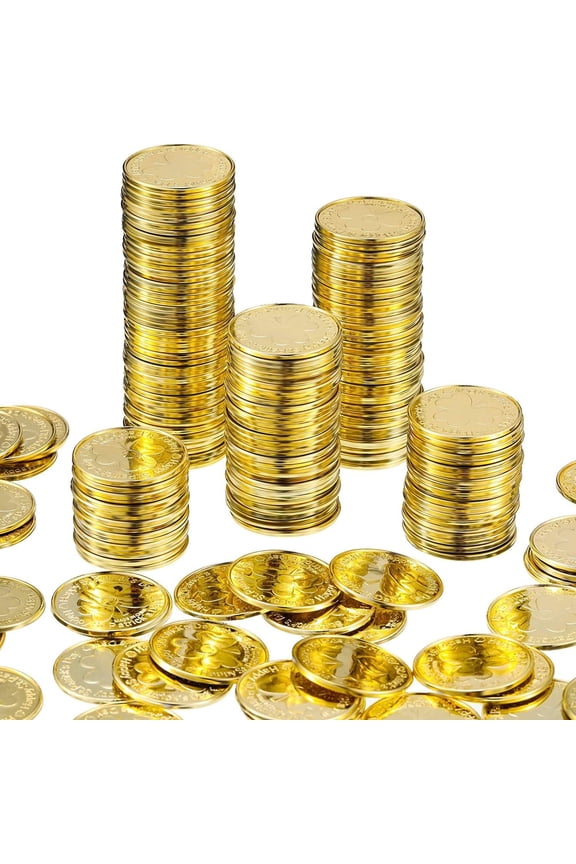St. Patrick's Lucky Coins Plastic Shamrock Leprechaun 3-Leaf Clover Coins for Party Decoration Favors, 50pcs