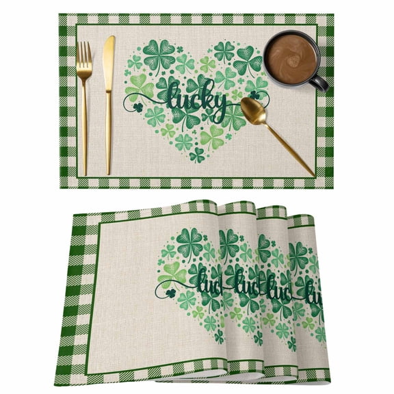 St. Patrick's Lucky Leaves Shamrock Placemats Set of 6,Wipeable Washable Table Mats for Dining Tables, Clovers and Lattice on Farm Burlap Place Mats for Kitchen Event Party Tabletop Decor