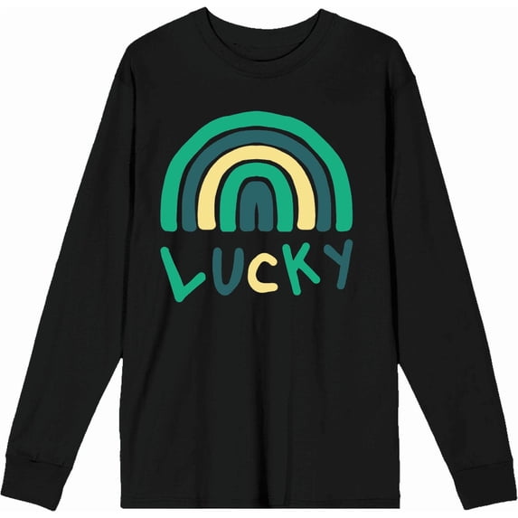 St. Patrick's Lucky Rainbow Black Adult Crew Neck Long Sleeve Tee-XS