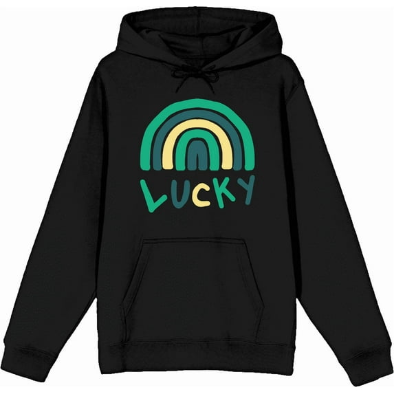 St. Patrick's Lucky Rainbow Black Adult Long Sleeve Hoodie-Large