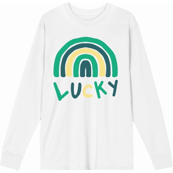 St. Patrick's Lucky Rainbow White Adult Crew Neck Long Sleeve Tee-Small