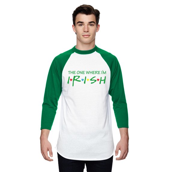 St Patrick's Men's Jersey Shirt Irish Tee for Him The One Where I'm Irish Lucky Clover Leaf Paddys Day Raglan Top
