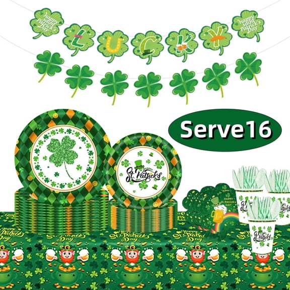 St. Patrick's Paper Plates Party Supplies Shamrock Decoration Cups Napkins Tableware Tablecloth Disposable for Irish Holiday Party Favor Accessories Serve 24 Design1