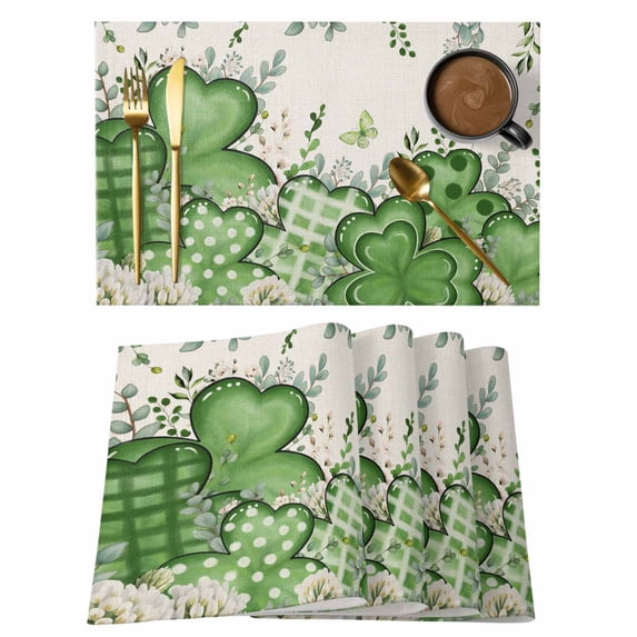 St. Patrick's Placemats Set of 8 Luck Shamrock Eucalyptus Leaves Flowers Beige Place Mats Indoor Wipeable Table Mats Washable Dining Table Placemats for Kitchen Holiday Party Home Decor 13x19 Inch