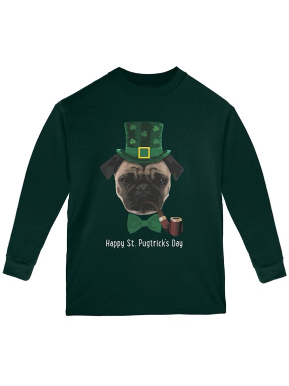 St. Patrick's Pugtrick's Day Funny Pug Youth Long Sleeve T Shirt Forest Green YMD