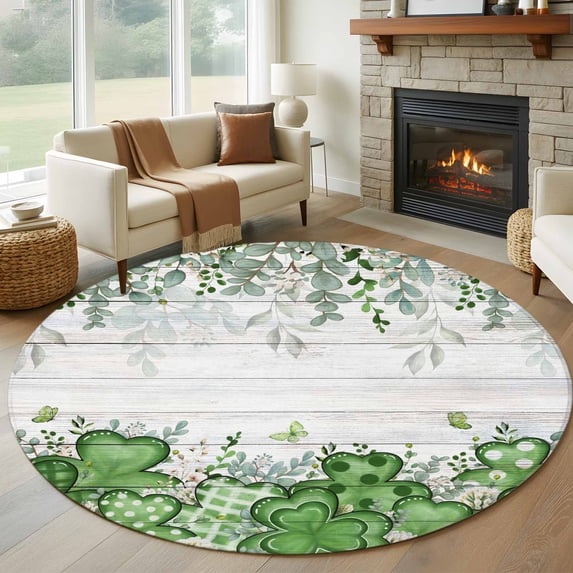 St. Patrick's Round Area Rug 8Ft Large Circle Rugs for Living Room Dorm, Luck Shamrock Eucalyptus Leaves Flowers Grey Wooden Non-Slip Carpet Floor Mats Indoor Outdoor Carpet Runner Home Decor