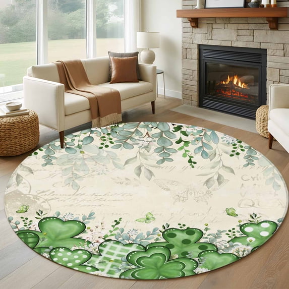 St. Patrick's Round Area Rug 8Ft Washable Large Circle Rugs for Living Room Dorm, Luck Shamrock Eucalyptus Leaves Flowers Vintage Non-Slip Carpet Floor Mats Indoor Outdoor Carpet Runner Home Decor