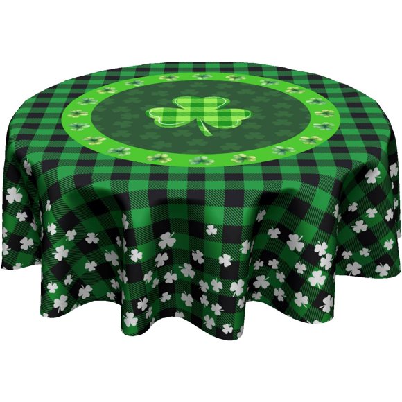 St Patrick''s Round Tablecloth - Dark Green Round Table Cloths 60 Inch Shamrock Clover Plaid Table Cover for Kitchen Dining Spring Tabletop Decoration