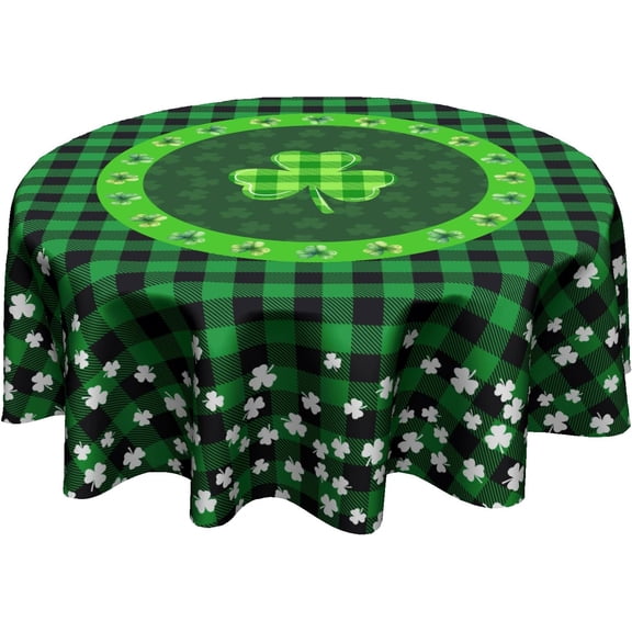 St Patrick''s Round Tablecloth - Dark Green Round Table Cloths 60 Inch Shamrock Clover Plaid Table Cover for Kitchen Dining Spring Tabletop Decoration