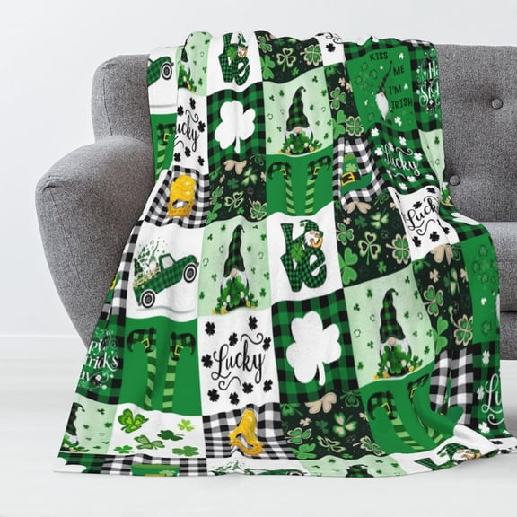 St. Patrick''s Shamrock Blanket Clovers Green Gnome Leaf Saints Throw Blanket for Couch,Lightweight Soft and Warm Throws Blankets for Sofa Bed Living Room in Spring 80"x60"