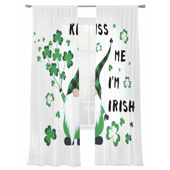St Patrick's Sheer Curtains 2 Panels Set Day Kiss Me I'm Irish Shamrock Dwarf White Background Sheer Window Curtains Light Filtering Rod Pocket Voile Drapes for Bedroom Living Room 52"X96"