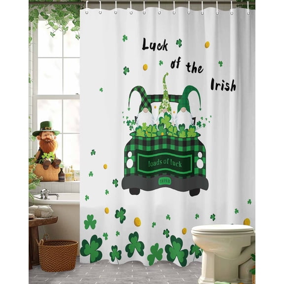 St. Patrick's Shower Curtain, 36" x 72", Day Luck of The Irish Truck Shamrock Gnome White Background Waterproof Bathroom Curtain Washable Shower Curtain Set with 12 Hooks