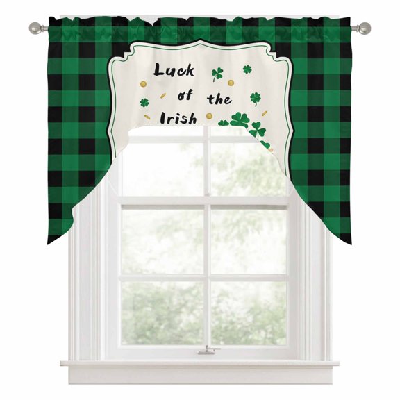 St. Patrick's Swag Curtain Valance for Windows, Day Green Buffalo Plaid Truck Load Shamrocks Swag Curtains Drapes Rod Pocket for Kitchen Bathroom Small Window, 1 Panel 56x36in