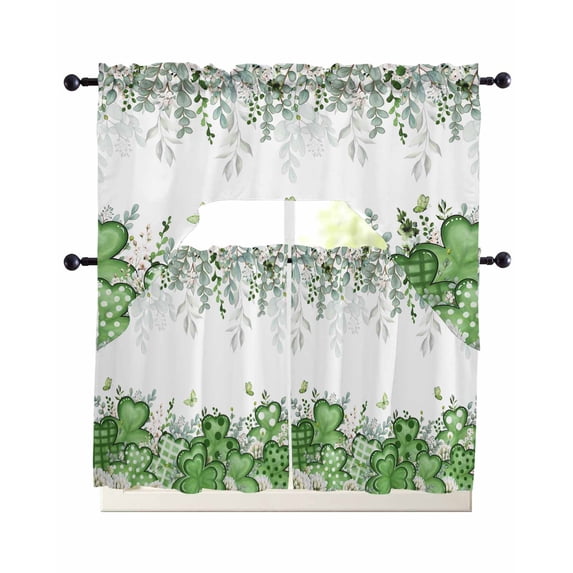 St. Patrick's Swag Kitchen Curtains Sets for Windows 24 Inch Length, Luck Shamrock Eucalyptus Leaves Flowers Plants Short Window Curtain Swags Valances and Tiers 3 Piece Set for Cafe/Dining Room