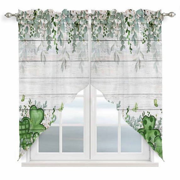 St. Patrick's Swag Valances for Windows 2 Pack, Kitchen Window Curtains 36 Inch Length, Luck Shamrock Eucalyptus Leaves Flowers Grey Wooden Privacy Swag Curtains for Living Room/Bathroom 36"x36"