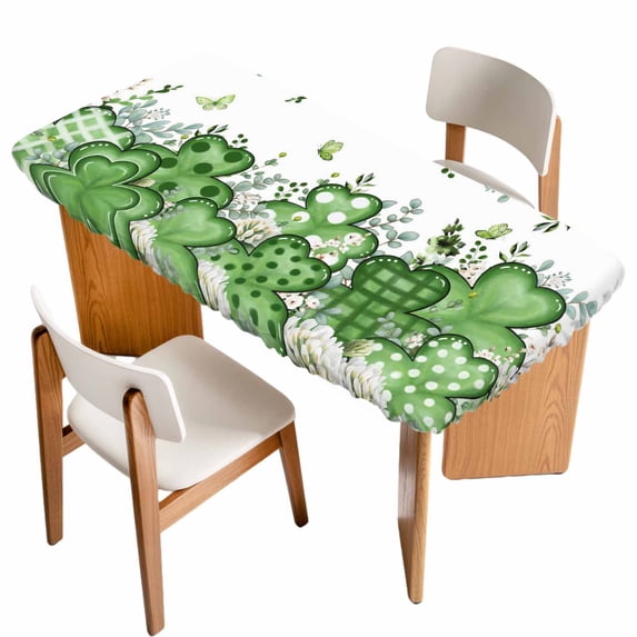 St. Patrick's Table Cloths for 5 Foot Rectangle Tables, Luck Shamrock Eucalyptus Leaves Flowers Plants Patio Waterproof Elastic Fitted Tablecloths, Washable Rectangular Table Cover for Camping