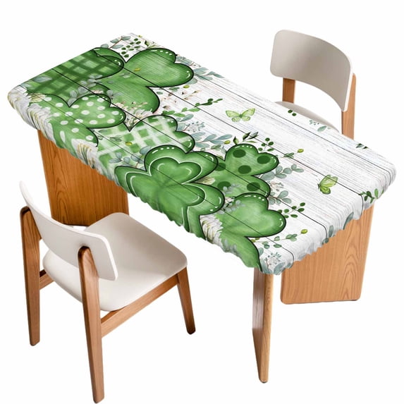 St. Patrick's Table Cloths for 5 Foot Rectangle Tables, Lucky Shamrock Green Eucalyptus Floral Farm Wooden Patio Waterproof Elastic Fitted Tablecloths, Washable Rectangular Table Cover for Camping