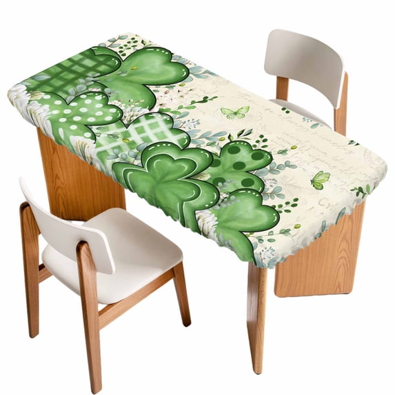 St. Patrick's Table Cloths for 5 Foot Rectangle Tables, Lucky Shamrock Green Eucalyptus Floral Vintage Patio Waterproof Elastic Fitted Tablecloths, Washable Rectangular Table Cover for Camping