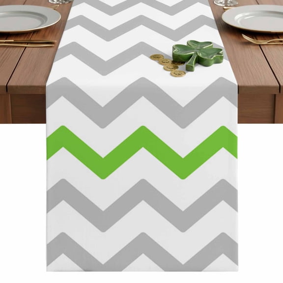 St. Patrick's Table Runner 13 x 36 Inch, Day Geometric Zig Zag Green Gray Stripes Washable Cotton Linen Dining Table Runner Tabletop Decorations for Restaurant Home Kitchen Party
