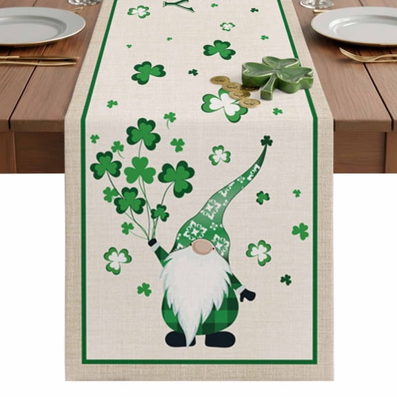 St. Patrick's Table Runner 13 x 36 Inch, Day Gnome with Shamrock Balloon Linen Washable Cotton Linen Dining Table Runner Tabletop Decorations for Restaurant Home Kitchen Party