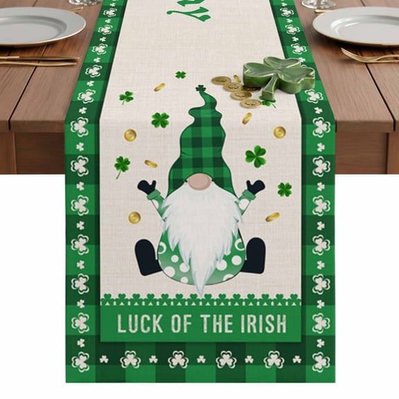 St. Patrick's Table Runner 13 x 36 Inch, Day Gnome Shamrock Green Plaid Linen Washable Cotton Linen Dining Table Runner Tabletop Decorations for Restaurant Home Kitchen Party