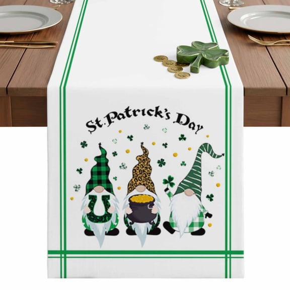 St. Patrick's Table Runner 13 x 36 Inch, Day Gnome Shamrock Washable Cotton Linen Dining Table Runner Tabletop Decorations for Restaurant Home Kitchen Party
