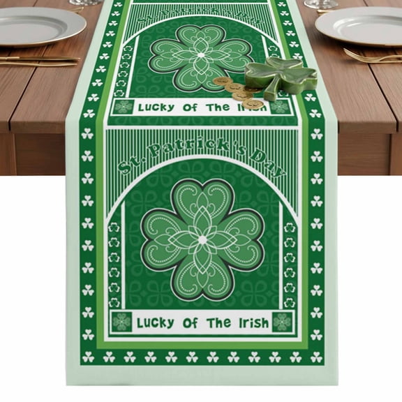 St. Patrick's Table Runner 13 x 36 Inch, Day Green Lucky Clover Washable Cotton Linen Dining Table Runner Tabletop Decorations for Restaurant Home Kitchen Party