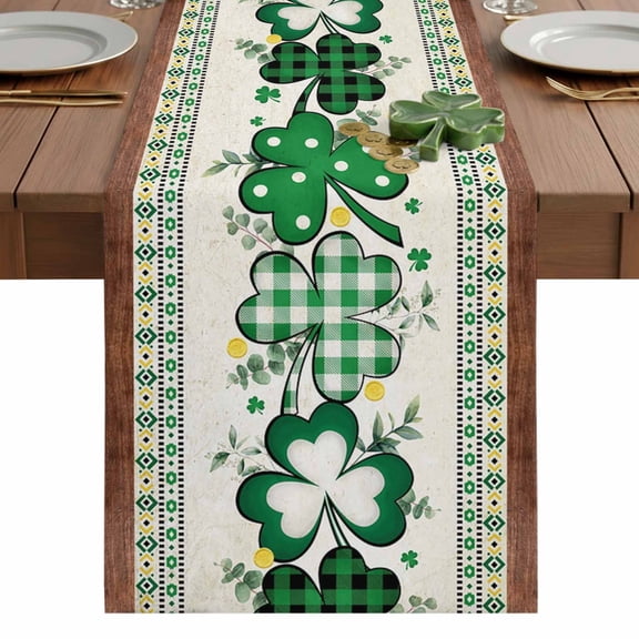 St. Patrick's Table Runner 13 x 36 Inch, Day Green Shamrocks Clover Southwestern Washable Cotton Linen Dining Table Runner Tabletop Decorations for Restaurant Home Kitchen Party