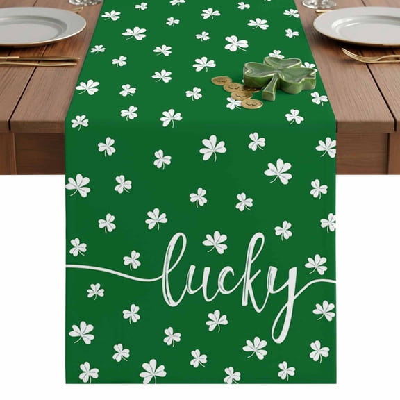 St. Patrick's Table Runner 13 x 36 Inch, Day Lucky Clover Spring Shamrock Green Washable Cotton Linen Dining Table Runner Tabletop Decorations for Restaurant Home Kitchen Party