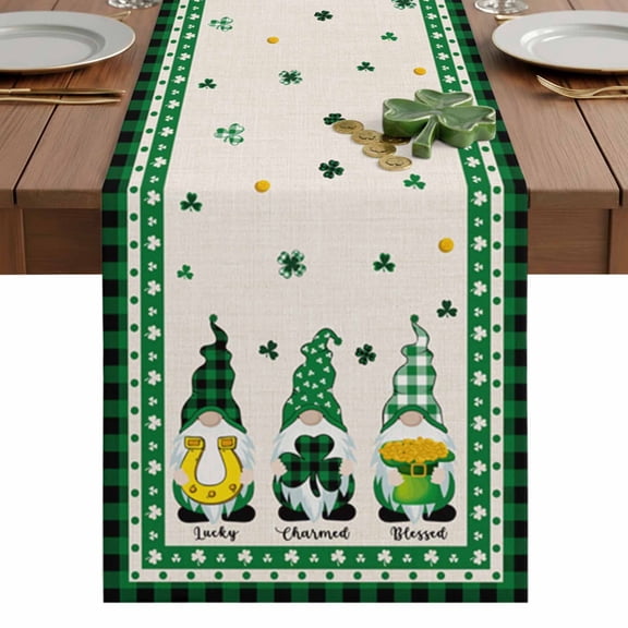 St. Patrick's Table Runner 13 x 36 Inch, Day Lucky Gnomes Plaid Border Washable Cotton Linen Dining Table Runner Tabletop Decorations for Restaurant Home Kitchen Party