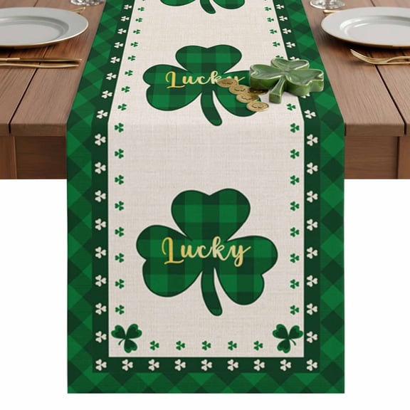 St. Patrick's Table Runner 13 x 36 Inch, Day Lucky Green Shamrock Clover Washable Cotton Linen Dining Table Runner Tabletop Decorations for Restaurant Home Kitchen Party