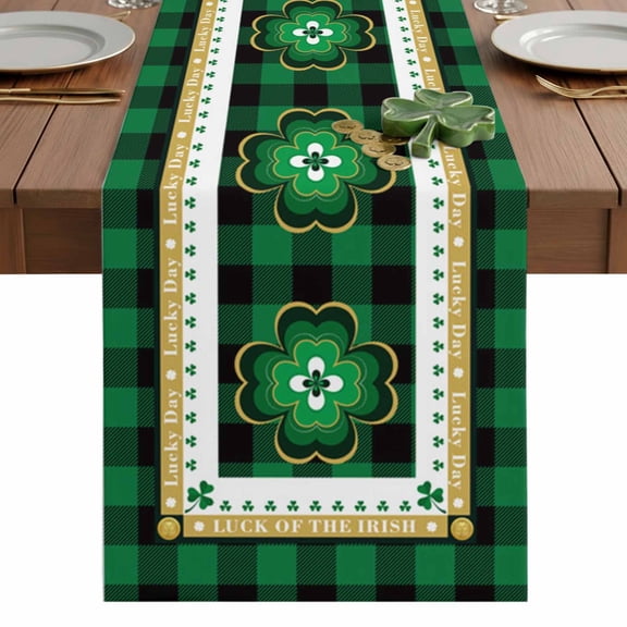 St. Patrick's Table Runner 13 x 36 Inch, Day Lucky Shamrock on Buffalo Plaid Border Washable Cotton Linen Dining Table Runner Tabletop Decorations for Restaurant Home Kitchen Party