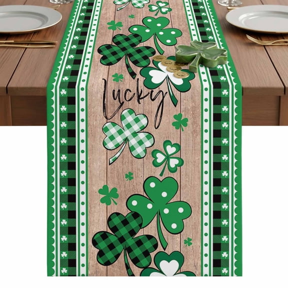 St. Patrick's Table Runner 13 x 36 Inch, Day Lucky Shamrock Clover Retro Wood Grain Green Plaid Washable Cotton Linen Dining Table Runner Tabletop Decorations for Restaurant Home Kitchen Party