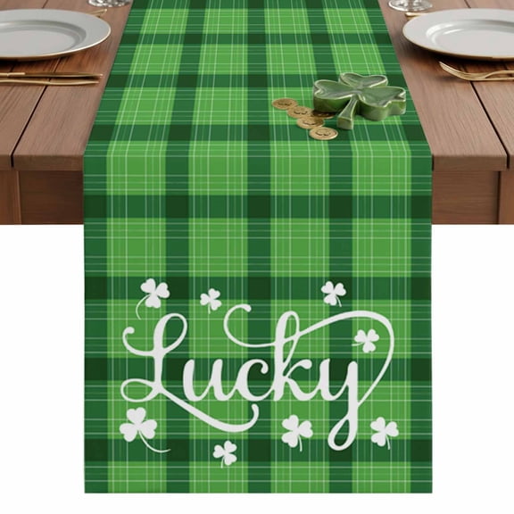 St. Patrick's Table Runner 13 x 36 Inch, Day Lucky Shamrock Green Plaid Washable Cotton Linen Dining Table Runner Tabletop Decorations for Restaurant Home Kitchen Party