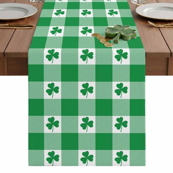 St. Patrick's Table Runner 13 x 36 Inch, Day Lucky Shamrock Green Plaid Washable Cotton Linen Dining Table Runner Tabletop Decorations for Restaurant Home Kitchen Party