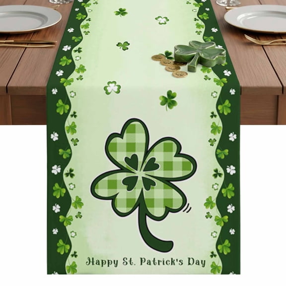 St. Patrick's Table Runner 13 x 36 Inch, Day Shamrock Clover Green Leaves Washable Cotton Linen Dining Table Runner Tabletop Decorations for Restaurant Home Kitchen Party