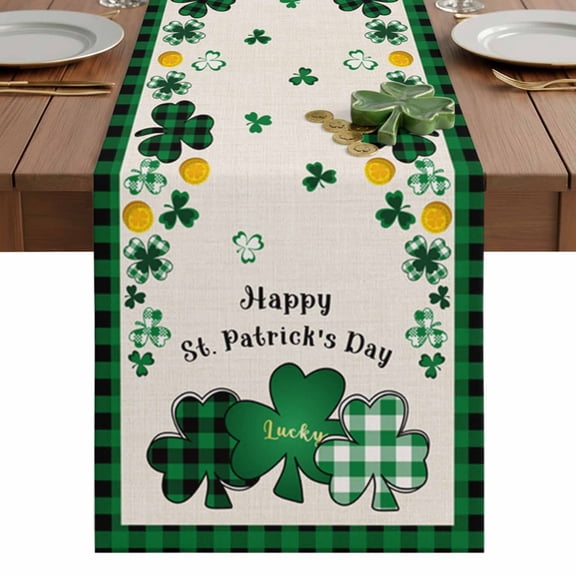 St. Patrick's Table Runner 13 x 36 Inch, Day Shamrock Green Plaid Retro Texture Washable Cotton Linen Dining Table Runner Tabletop Decorations for Restaurant Home Kitchen Party