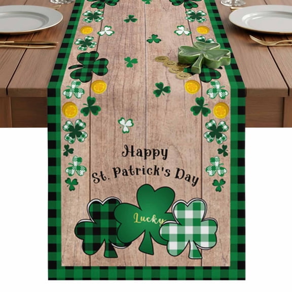 St. Patrick's Table Runner 13 x 36 Inch, Day Shamrock Green Plaid Retro Wood Grain Washable Cotton Linen Dining Table Runner Tabletop Decorations for Restaurant Home Kitchen Party