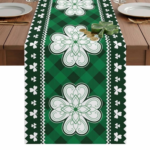 St. Patrick's Table Runner 13 x 36 Inch, Day White Four-leaf Clover on Green Buffalo Plaid Washable Cotton Linen Dining Table Runner Tabletop Decorations for Restaurant Home Kitchen Party