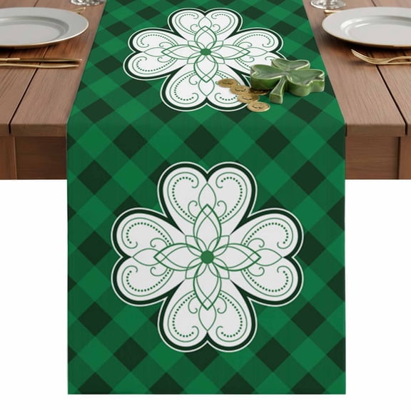 St. Patrick's Table Runner 13 x 48 Inch, Day Clover Green Plaid Washable Cotton Linen Dining Table Runner Tabletop Decorations for Restaurant Home Kitchen Party