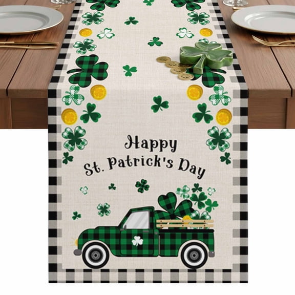 St. Patrick's Table Runner 13 x 48 Inch, Day Green Plaid Truck Shamrock Linen Washable Cotton Linen Dining Table Runner Tabletop Decorations for Restaurant Home Kitchen Party
