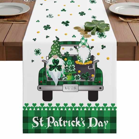 St. Patrick's Table Runner 13 x 48 Inch, Day Green Truck with Dwarf Clover Washable Cotton Linen Dining Table Runner Tabletop Decorations for Restaurant Home Kitchen Party
